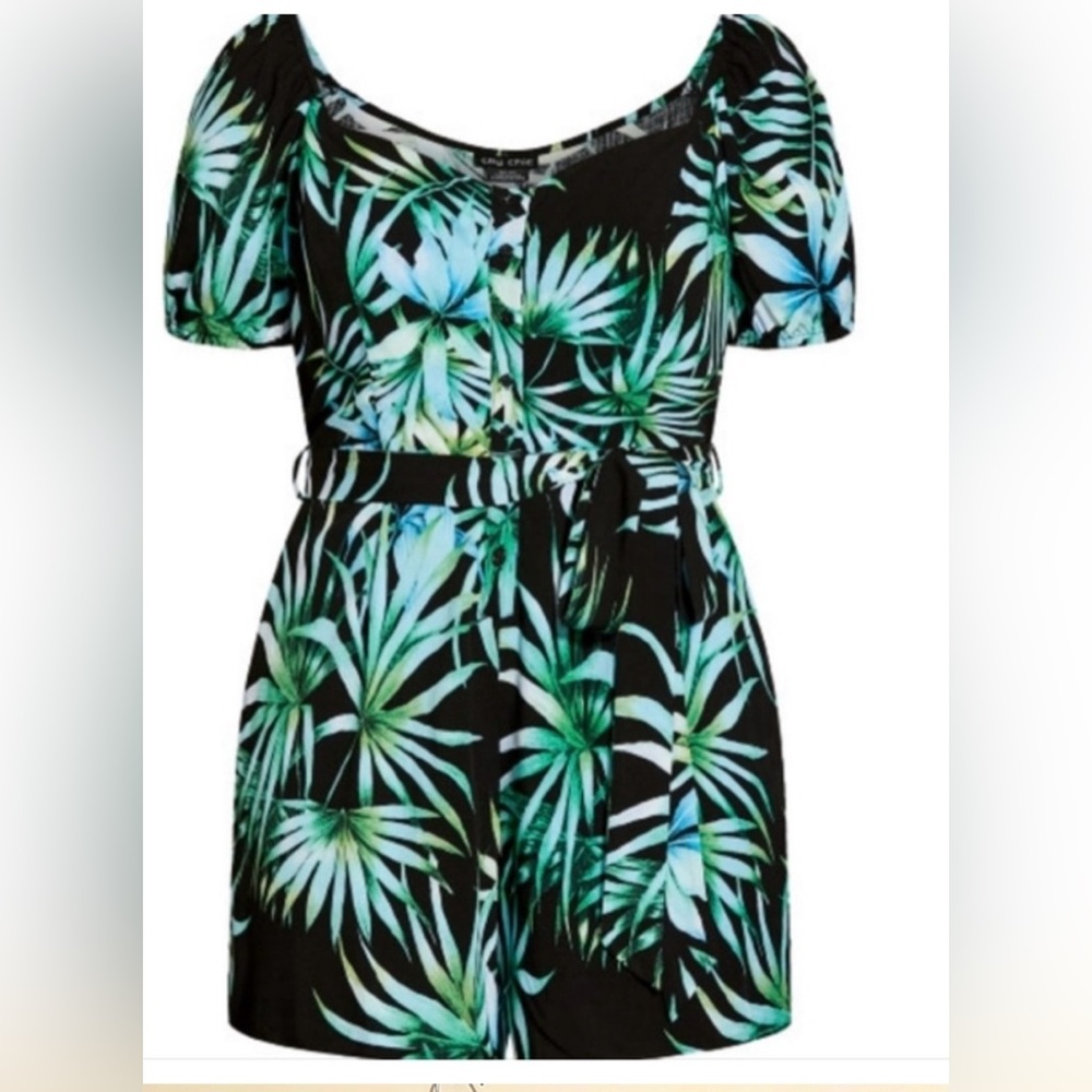 City Chic Black and Green Leaf romper